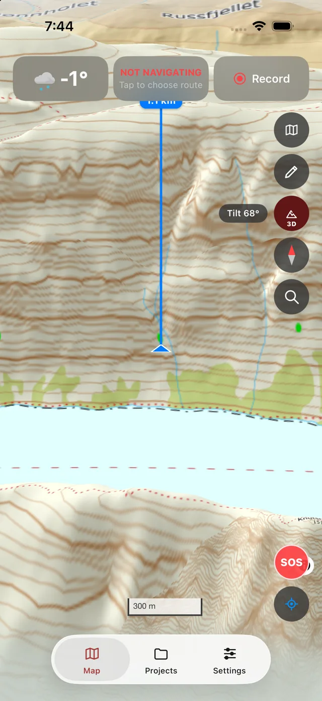 The 3D view: Besseggen with contour lines draped over the terrain and a 68° slope