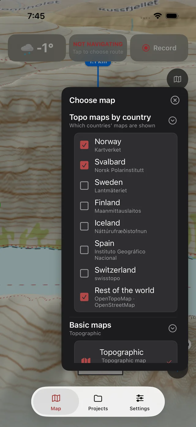 «Choose map» with topo maps per country: Norway, Svalbard, Sweden, Finland, Iceland, Spain, Switzerland and the rest of the world