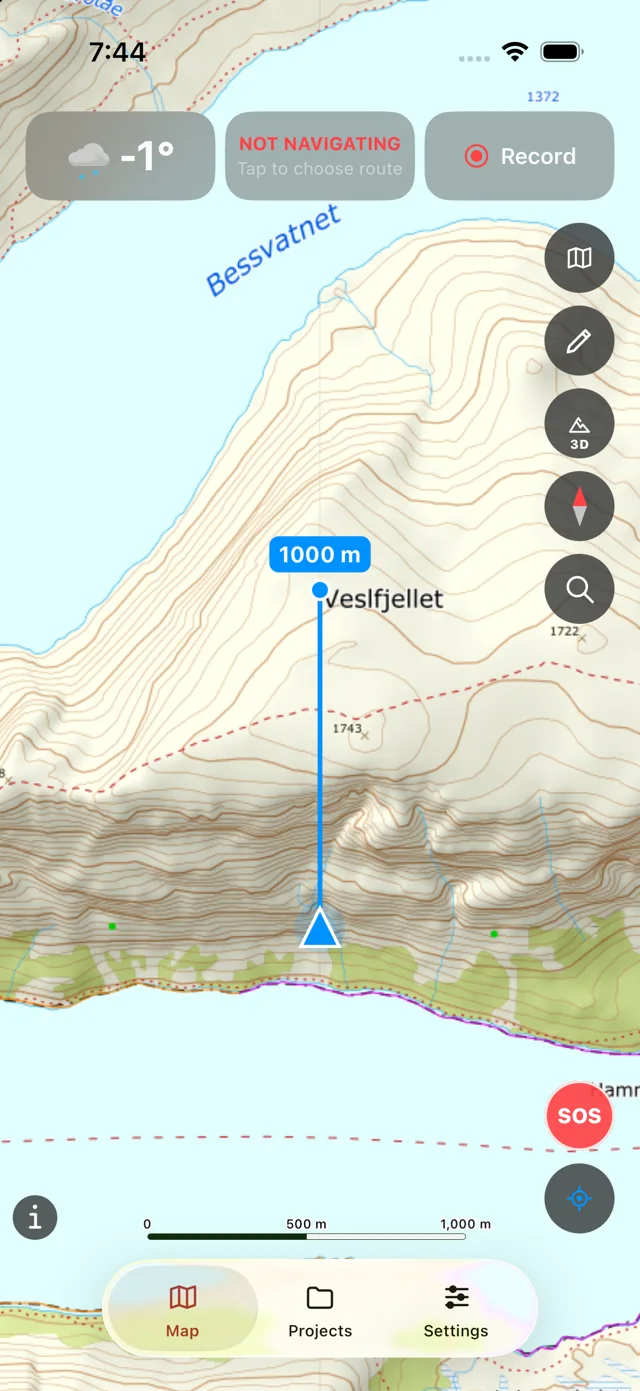 The map in the app: Kartverket's topo map of Besseggen with weather, navigation and recording at the top