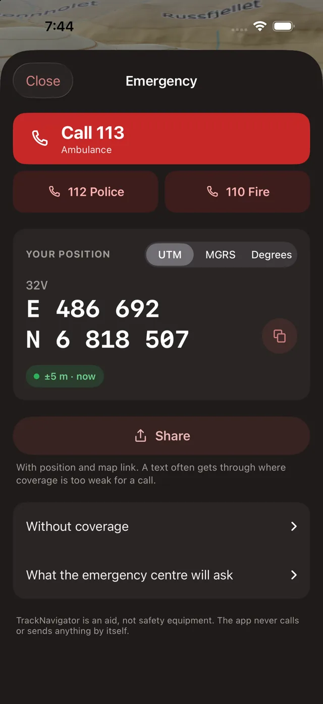 Emergency help: call 113, your position in UTM in large digits, send as SMS