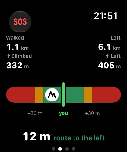 The watch: the corridor page – colour zones, the green line is you, the route 12 m to the left