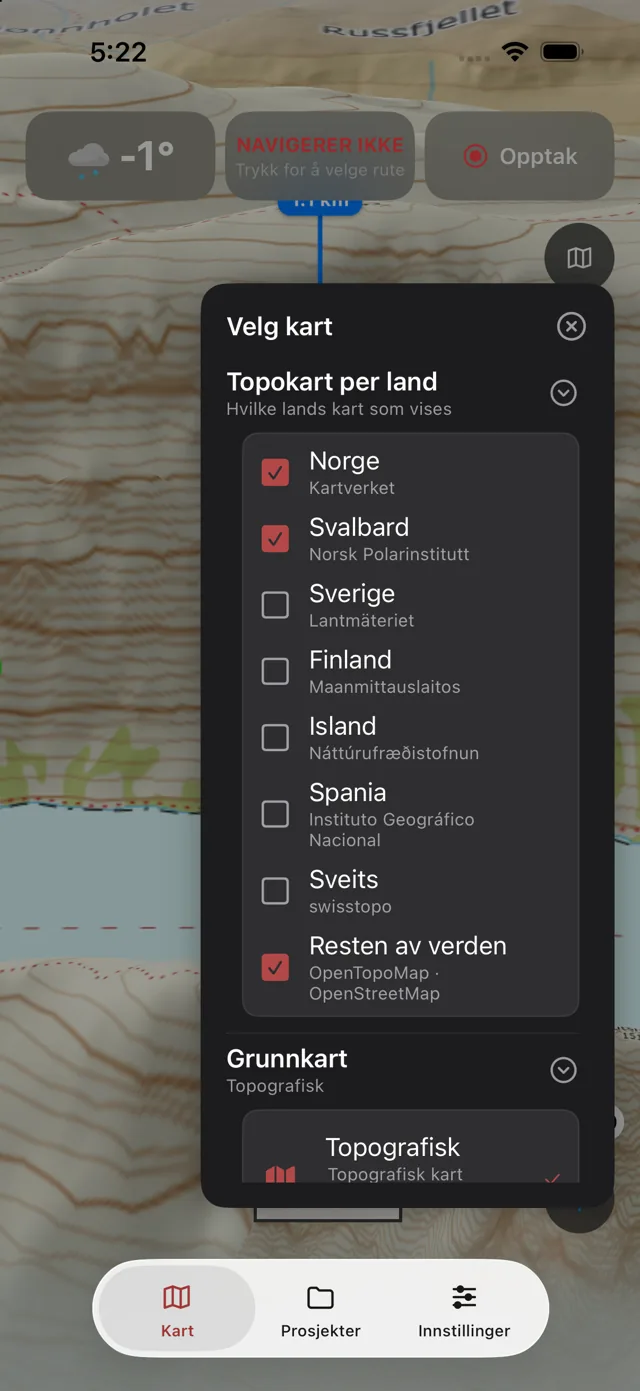 «Velg kart» med topokart per land: Norge, Svalbard, Sverige, Finland, Island, Spania, Sveits og resten av verden