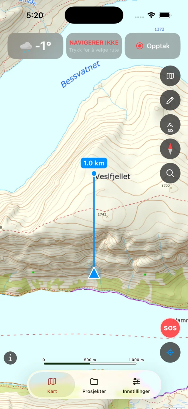 Kartet i appen: Kartverkets topokart over Besseggen med vær, navigasjon og opptak øverst