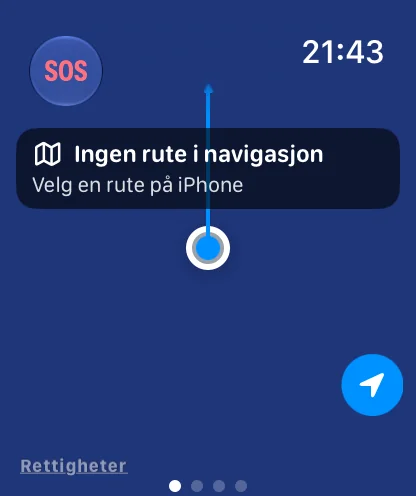 Klokka: kartet rundt deg, «Ingen rute i navigasjon – velg en rute på iPhone»