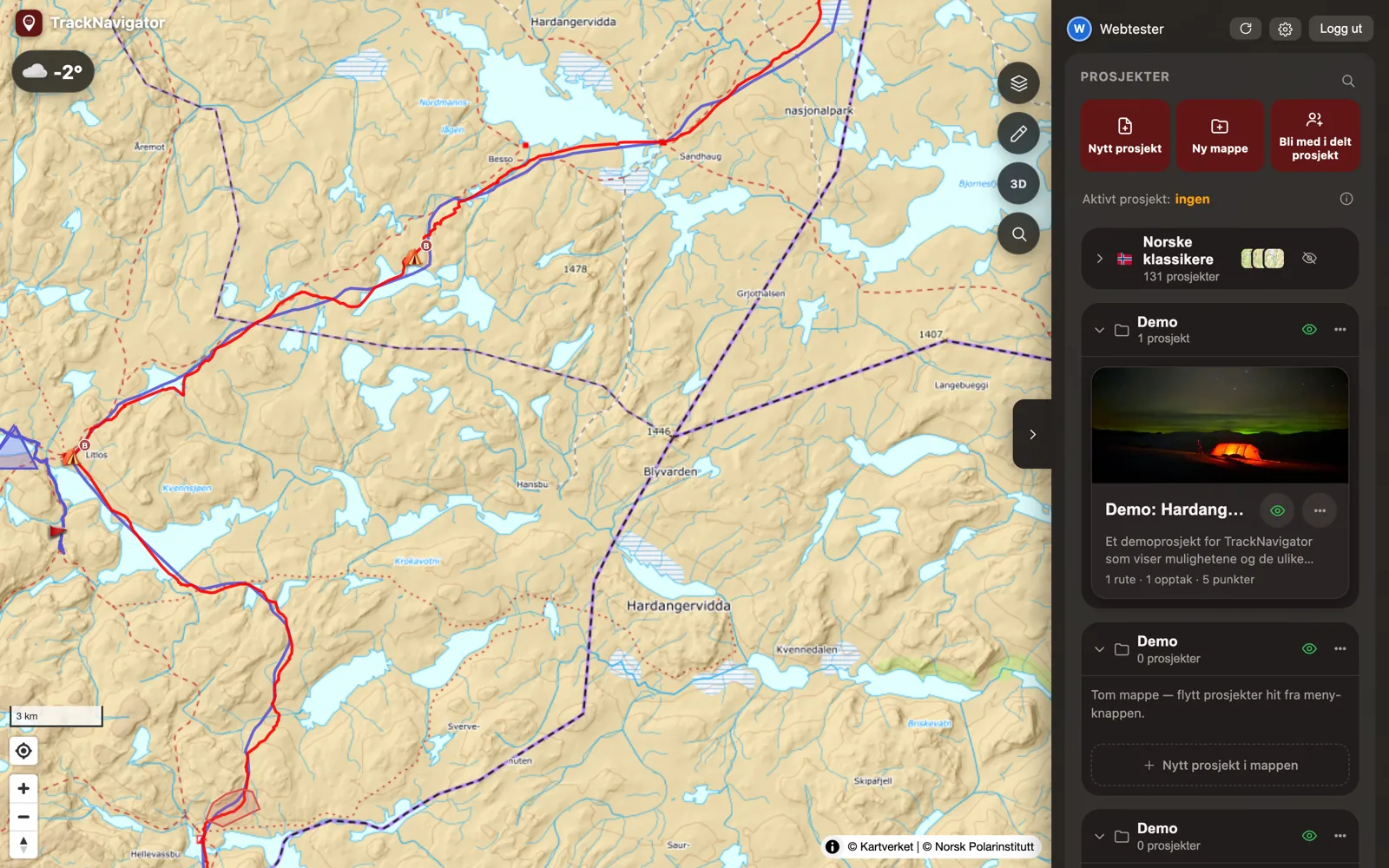 Nettversjonen: Hardangervidda med en rute, et opptak og punkter, og prosjektlisten til høyre